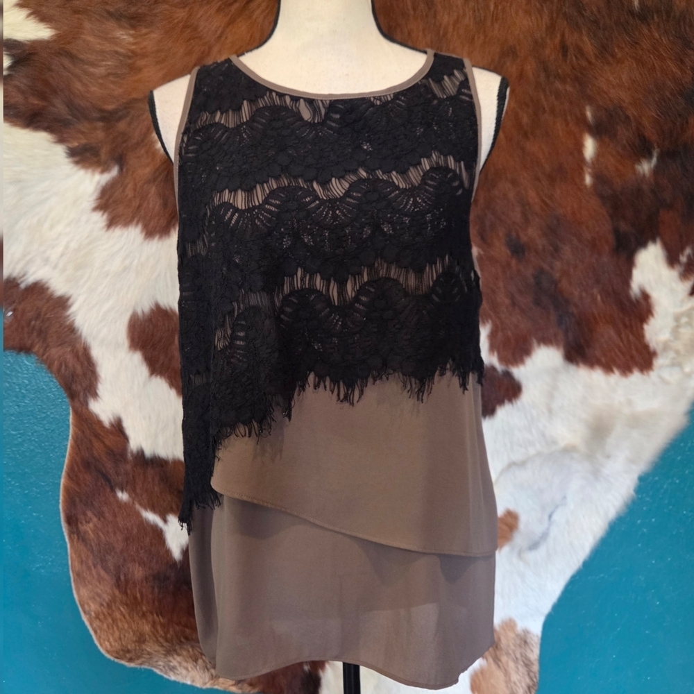 Karen Kane Black Lace and Brown Layered Blouse
